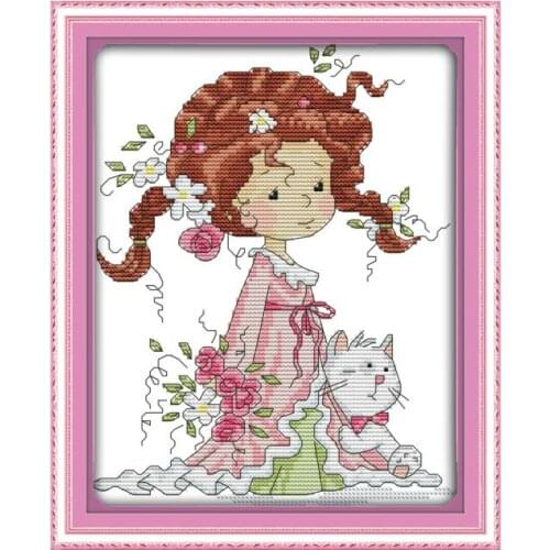 The little girl and kitten cross stitch kit DIY embroidery set handmade needlework cross-stitching DMC color Dreamfounder