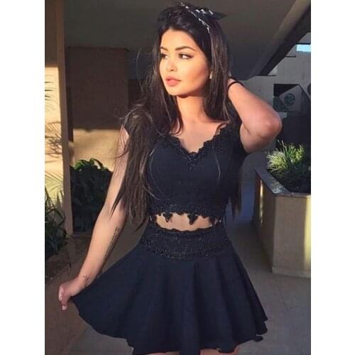 New Arrival Lace Short Homecoming Dresses V Neck Two Pieces Appliques Sleeveless Sexy Party Evening Gown Custom Made