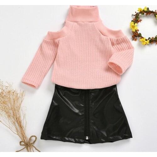 Fall Winter Kids Baby Girls Clothes Sets Streetwear 2Pcs Shoulderless Turtleneck Sweaters+Mini PU Skirts Fashion Girl Sets 1-5Y