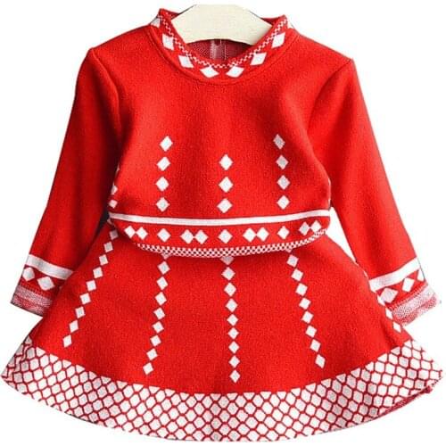 Girls Autumn Winter Sweater Dresses Long Sleeve Red Knit Birthday Party Dress Childrens Princess Costume Baby Kids Clothes 2-6Y