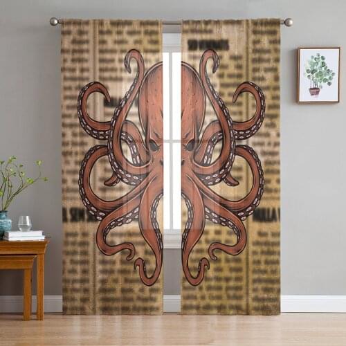 Octopus Retro Style Newspaper Background Voile Tulle Sheer Curtains for Bedroom Living Room Kitchen Decor Window Curtain