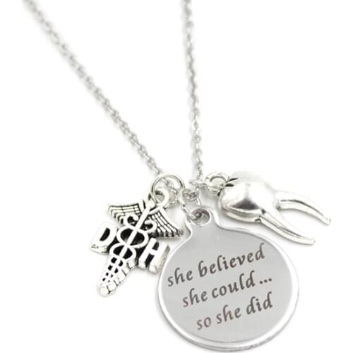 New Arrival Teeth Dentist charm Necklace Stainless Steel Chain Letter Engraved Stainless Steel Pendant Necklace Dentist Gifts