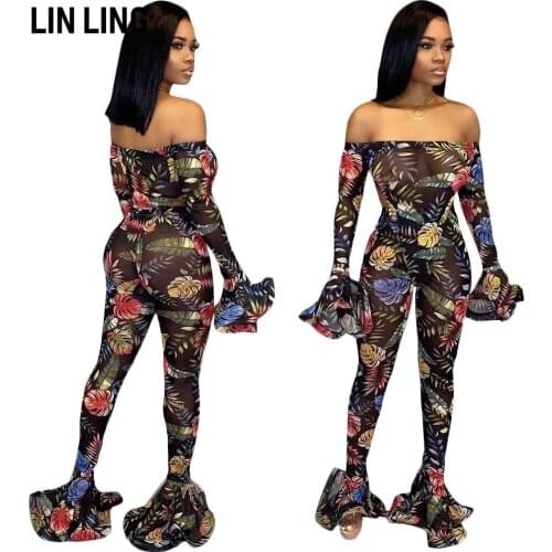 LINLING Sexy One Neck Off Shoulder Long Sleeve Beautiful Floral Print Overall Flared Sleeve Perspective Slim Jumpsuit
