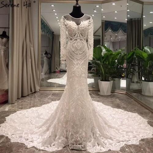 Luxury Ivory Mermaid O-Neck Sexy Wedding Dresses 2020 Long Sleeves Beading Pearls Bridal Gowns DHA2403 Custom Made