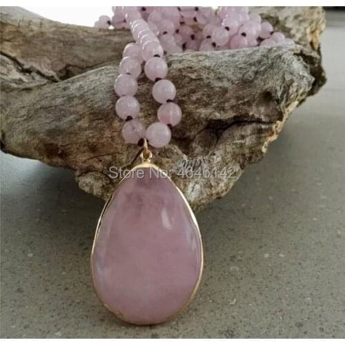 Hand Knotted Boho Rose Quartz Crystal Stone Feacted Rose Quartz Charm Pendant Necklace