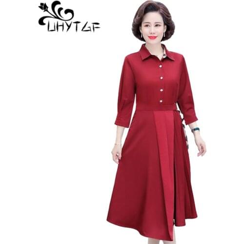 UHYTGF Quality Chiffon Spring Autumn Dress Women Long Sleeve Thin Windbreaker Skirt Jacket Mother Loose Plus Size Dresses 1334