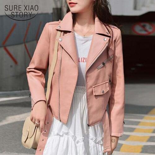 Pink Faux Leather Jacket Female Zipper Biker Coat Spring Autumn Fashion New Women Ladies Solid with Belt Casual Outwear 15692