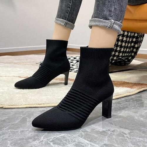 Women Sock Boots High Heels Stretch Fabric With Plush Pointed Toe Ladies Knitting Shoes Slip On Solid Fashion Female Ankle Boots