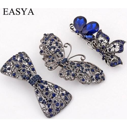EASYA Vintage Blue Rhinestone Hairwear Butterfly Flower Hair Barrettes Women Hair Clips Retro Bow Hair Accessories Jewelry