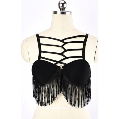 Sexy Black Tassels Harness Cage Bra 90s Lady Tops Bondage Lingerie Rave Body Harness Brassiere Women Fetish Wear Big Cup Bra