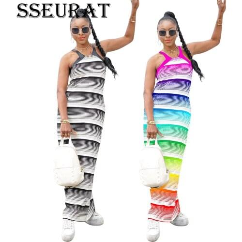 SSEURAT Women Striped Print Sleeveless Bodycon Long Dress Sexy Party Club Bandage Streetwear Maxi Dresses