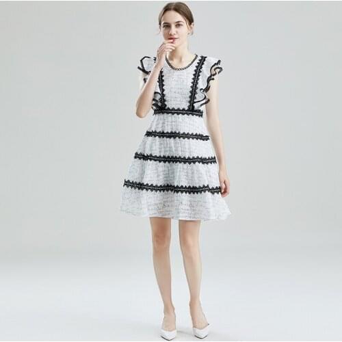 2021 Womens Summer Dress Korean College Style Round Neck Hollow Ruffled Flying Sleeve Short Dress New Female Waist Dresses X566