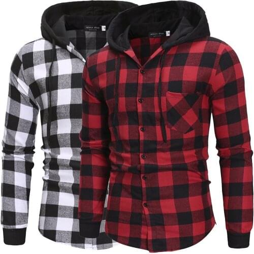 2020Mens Shirts Autumn Fashion Casual Plaid Shirts Long Sleeve Cotton high quality Pullover Hooded Shirt Winter Mens Top