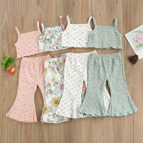 2021 1-6Y Kids Baby Girl Clothing Little Floral Print Sleeveless Crop Top Vest+Flare Pants Sweet Summer Cotton Outfits 2pcs Set
