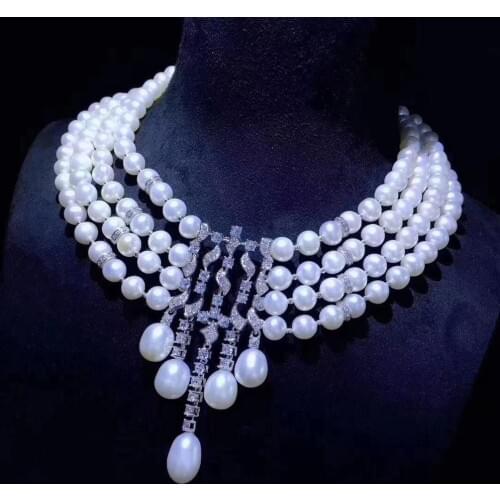 4rows one set freshwater pearl white near round necklace earrings 18inch 7.5inch wholesale nature beads for xmas gift