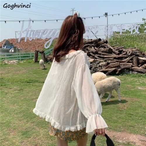 Blouses Women Casual Summer Perspective Ruffles Casual White Sun-proof Classy Thin All-match Korean Style Cozy Womens Top Blusas