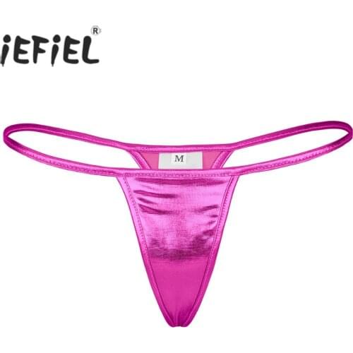 IEFiEL Womens Sexy Lingerie Panties Shiny Metallic PVC Low Rise Bikini T-back Thongs String Homme Evening Club Underwear