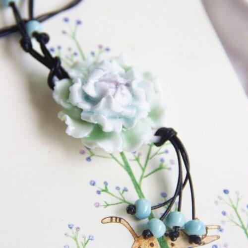 Ceramic Long Necklaces Vintage Flower Pendants Sweater Chain National Trend Fashion Jewelry Handmade Accessories Wholesale