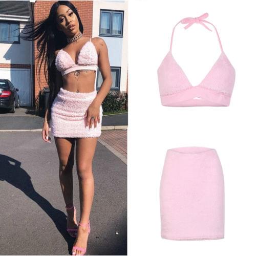 Summer Hot Fashion Sexy Women Skirt Outfits Bra and Velvet Slim Mini Skirts Sets Two Piece Set Off Shoulder Straps Crop Tops