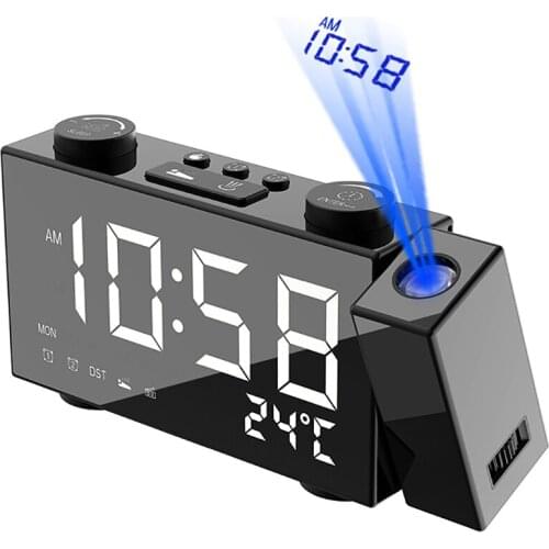 Multifunctional LED Digital Clock FM Radio Projection Alarm Clock Snooze Timer Temperature Display USB Charge Cable Home Decor