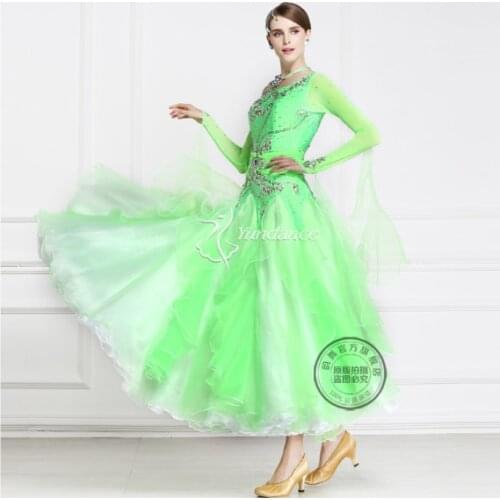 Customize green long sleeve rhinestone Fox trot Waltz tango salsa competition ballroom dance dress size S-XXXL