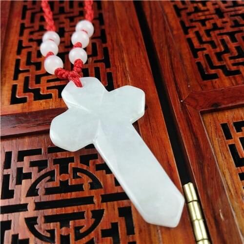 Natural A Emerald Cross Jade Pendant Beads Necklace Charm Jadeite Jewellery Fashion Carved Amulet Gifts for Women Men