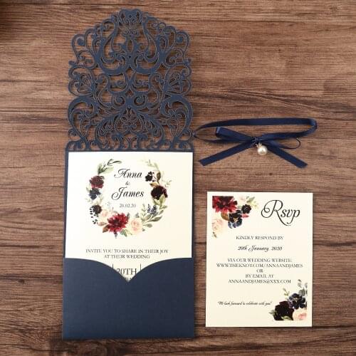 100pcs Navy blue New Arrival Horizontal Laser Cut Wedding Invitations with pearl ribbon,RSVP card,Customizable