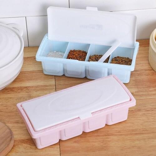 Plain Color 4 Grid Seasoning Box Seasoning Pot with Lid Kitchen Compartment with Spoon Salt Pot Seasoning Seasoning Box