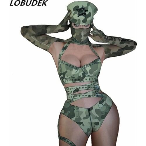 Bar Nightclub Men Women Dancer Groups Sexy Stage Wear Camouflage Military Uniform Bandage Bikini Outfit Party Rave Show Costume