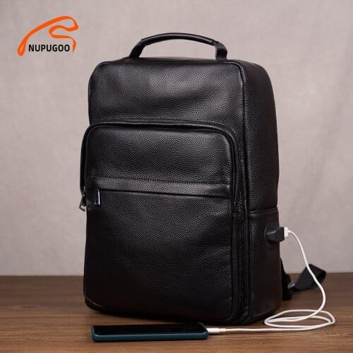 Casual Men Backpack Genuine Leather Business Multi Usb Charger Back Pack 15 inch Laptop Bag School Bags Male For Teenage NUPUGOO