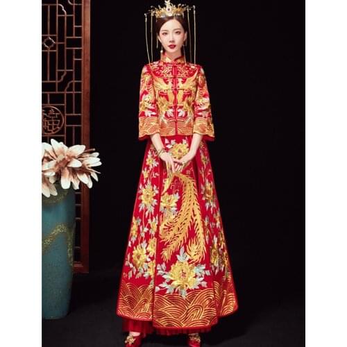 Chinese Traditional Bride Banquet Costume Oriental Vintage Modern Wedding Dress Long Clothes China Qipao китайская одежда