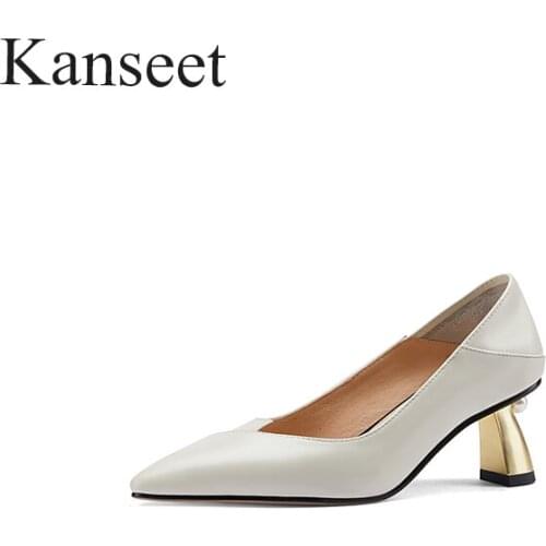 Kanseet High Heels Pumps 2021 New Women Shoes Special- Shaped Heels Concise Solid Color Genuine Leather Office Lady Big Size 45