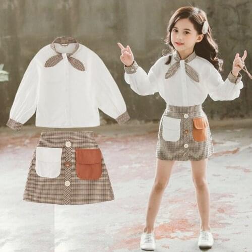 2020 Children Girls Spring Autumn Fashion Clothing Set Long Sleeved Tops Shirts+plaid Skirts,girls Kids Elegant 2pcs Suits