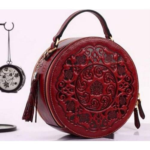 Women Shoulder Top Handle Bag Genuine Leather Casual Embossed Chinese Style Tassel Handbag Tote Messenger Crossbody Circular Bag