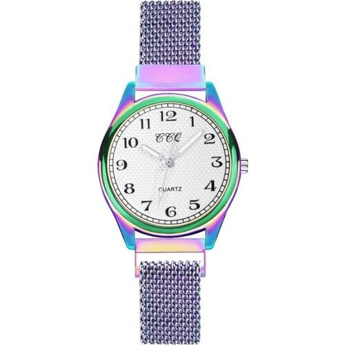Women Stainless Steel Belt Watch Magnetic Buckle Dial Watches Ladies Quartz Bracelet Laser Color Wristwatch