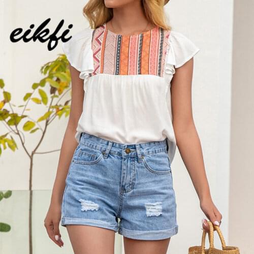 EIKFI Geometric Pattern Patched Women T-shirts Summer Ladies Round Neck Butterfly Sleeve Back Button Casual Tops and Shirts New