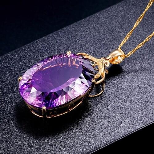 Womens Fashion Luxury 925 Sterling Silver Amethyst Pendant 18K Gold Plated Crystal Necklace Wedding Engagement Products Jewelry