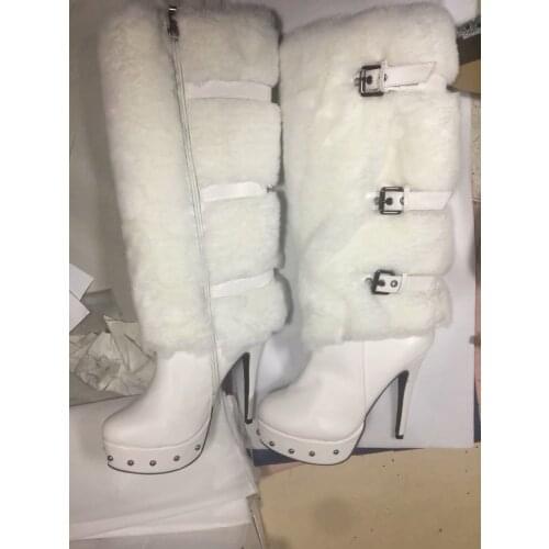 Women Snow Boots Platform High Heels Casual White Winter Warm Faux Fur Female Buckle knee Boots Shoes Real Pictures
