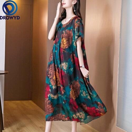 Women Summer Green O-neck Print Silk Dress Mesh Beach Midi Dress 2021 Vintage Loose Casual Dress Bodycon Elegant Party Vestidos