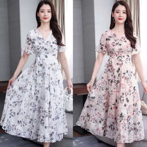 40# Summer Dress Women Casual Korean V Neck Floral Print Short Sleeve Beach Elegant Sundress Holiday Ladies Dresses Vestidos