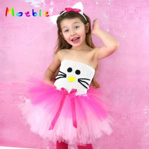 White+Hot Pink Kitty Design Baby Girls Tutu Dress Kids Girl Cartoon Dress Summer Children Cosplay Party Dress Baby Photo Props