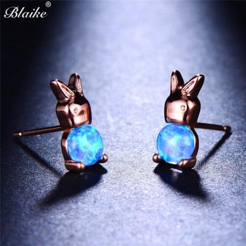 Blaike Korean Cute Rabbit Blue/White Fire Opal Stud Earring For Women Silver Color/Rose Gold Filled Christmas Gift