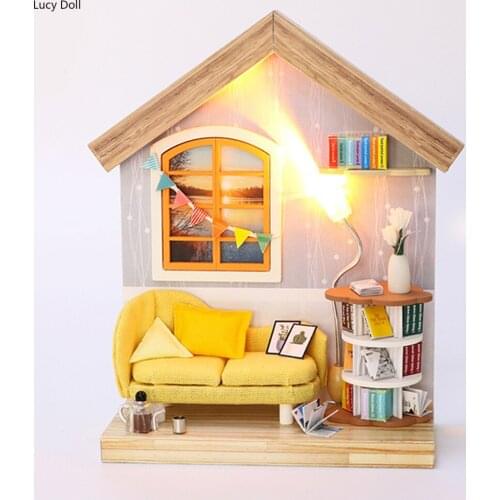 Cutebee DIY House Wooden Doll Houses Miniature Dollhouse Furniture Kit Doll House Furniture Hand Assembled Wooden Building Model