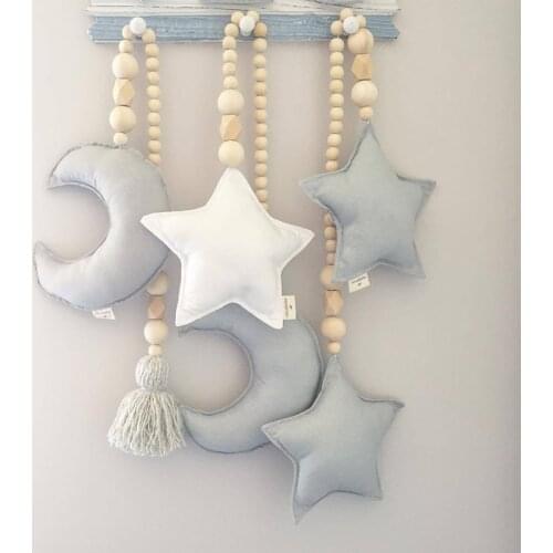 Nordic Boho Room Decor Double Star Moon Wooden Beads Cotton Hanging Wall Decoration Kawaii Kids Baby Bedroom Living Room Decor
