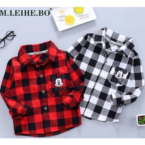 Cartoon Mickey Childrens Shirt Clothes Spring and Autumn Thin Shirt Boys and Girls Plaid Cotton Childrens Long-sleeved Shirt