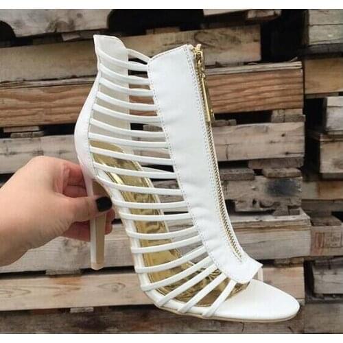 Dipsloot Pure White Multi Bands Cuts Out Ankle Boots Woman Summer Gladiator Zipper Back Peep Toe Thin Heels Sandals Short Boots