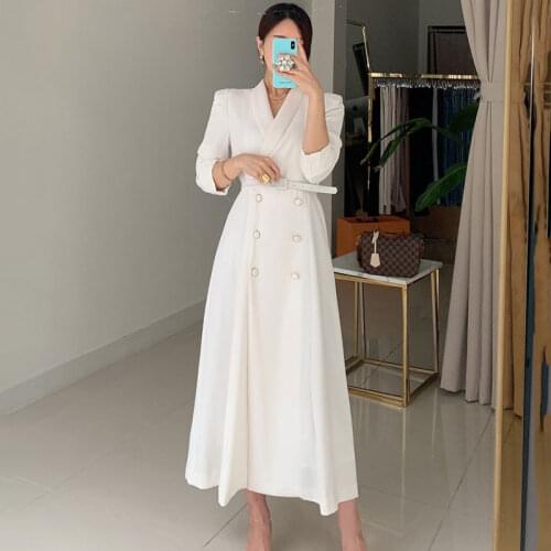 Elegant Office Ladies Lapel Suit Dress Double Breasted Slim Waist Belted Female A-line Dress 2021 Spring Vestidos Femme