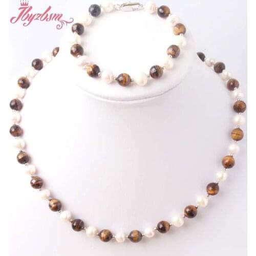 Hot Round Freshwater Pearl Stone Beads Wedding Necklace Bracelet Set Bridal Jewelry For Women Elegant Party Gift Fashion Costume