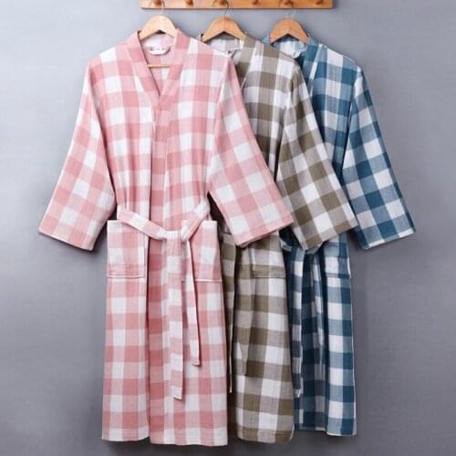 Dressing Gown Robes100% Cotton Robes Double deck Gauze Plaid Kimono Nightgown Loose large Size Homewear Bathrobe пижама 2020