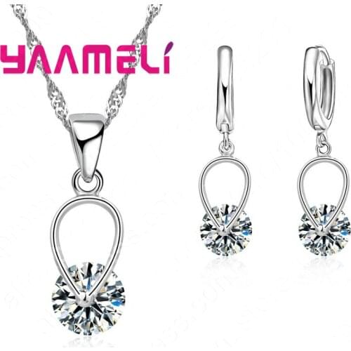Trendy Fashionable 925 Sterling Silver Necklace Pendant Earrings Crystal Jewelry Sets For Women Female Good Present